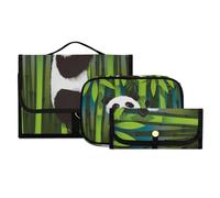 Juego de neceser colgante de 3 piezas con gancho, panda curioso en el tallo del bambú_83416273 Kit de estuche de maquillaje de viaje, bolsa de lavado portátil, organizador de brochas de cosméticos