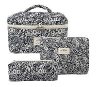 Juego de neceser de maquillaje Black Rose, organizador de cosméticos de algodón acolchado de 3 piezas con cremalleras para viajes, bolsas de aseo de varios tamaños para mujeres, niñas y adolescentes