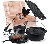 Juego de olla holandesa KESSER® en caja de madera con olla holandesa con muchos accesorios - hierro fundido - ya quemado con olla de cocción placa de parrilla sartén levantador de tapa