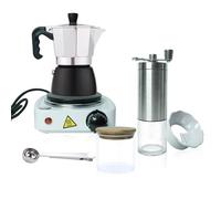 Juego de ollas Moka, tarro de frijoles de vidrio, abrazadera de cuchara, distribuidor de polvo, molinillo de frijoles operado a mano, cafetera para acampar y viajar, bar personal