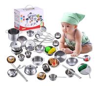 Juego de ollas y sartenes para niños, Juego de Cocina para niños pequeños de Acero Inoxidable de 25 Piezas, Accesorios de Cocina para Reutilizables y educativos Seguros para Vacaciones, cumpl