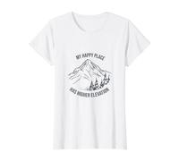 Juego de Palabras al Aire Libre Mi Lugar Feliz Tiene Mayor elevación Camiseta gráfica económica, Mujer, Blanco, M