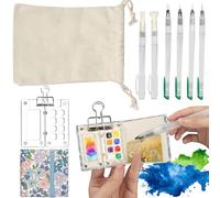 Juego de paletas de acuarela de bolsillo, 6 cm x 6 cm, 8 cuadrículas, mini cuaderno de bocetos de acuarela, juego de pintura acrílica de viaje con pluma estilográfica (6 piezas) + bolsa de