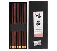 Juego de palillos de madera estilo chino 5 pares de vajilla de caoba natural hecha a mano con carácter de la suerte grabado en la parte superior con incrustaciones de cobre para amigos (Cinco pares de