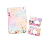 Juego de papel de carta con sobre para niños, niñas, animales, gatos, sirenas (bloc A4 con 25 hojas + 15 sobres)