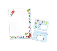 Juego de papel de carta con sobre para niños y niñas, diseño de mariposas y flores (bloc A4 con 25 hojas + 15 sobres)