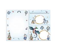 Juego de papel de carta con sobre para niños y niños, diseño de caballero, bloc de hojas a rayas (bloc A5 con 25 hojas + 15 sobres)