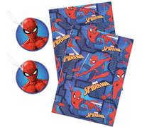 Juego de papel de regalo de cumpleaños, 2 hojas de 50 cm x 70 cm, hojas de fácil corte y 2 etiquetas de regalo a juego (Spiderman)