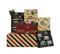 Juego de papel de regalo único de noche de cine vintage, juego de 6 hojas de 50 x 70 cm, Now Showing, cine, carrete de película clásico, patrones de boletos de teatro, envoltura de regalo para