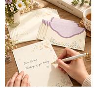 Juego de papelería de 10 piezas, papel de pájaro y flores silvestres | Papel de cuadrícula crema a juego y sobres de flores silvestres lavanda para cartas, notas de regalo