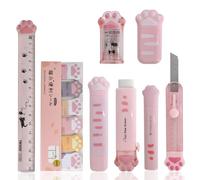 Juego de papelería de 9 pcs con diseño de pata de gato, sacapuntas de dibujos animados, color rosa, borrador retráctil, mini tijeras, notas adhesivas para niñas estudiantes que escriben