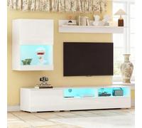 Juego de pared de salón de 3 piezas, con vitrina y tablero de TV, combinación multimedia de pie, con iluminación LED y aspecto brillante, para televisores de hasta 80 pulgadas, tamaño: 175 x 39 x 34