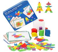 Juego de Patrones, Rompecabezas Tangram de 155 Piezas, Juego de Bloques de Patrones de Madera con 12 Tarjetas de Doble Cara, Juguete Educativo a con Formas para matemáticas tempranas y creativi