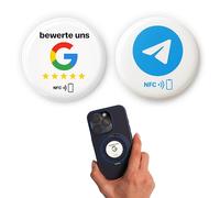 Juego de pegatinas NFC: 1 x "Valoración nosotros" para reseñas de Google + 1 x para telegrama, autoprogramable, 3 cm de diámetro, superficie epoxi brillante, reutilizable y sin contacto, ideal para
