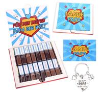 Juego de pegatinas para regalo de cumpleaños para papá y chocolate Merci, 250 g, con pegatinas preimpresas y en blanco, tarjeta de felicitación y llavero (sin chocolate) (mejor papá)