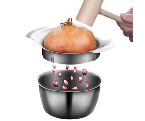 Juego de pelador de granadas: dispositivo de fácil extracción de semillas, estación de extracción de núcleos de fruta plateada, cuenco de 18 cm de diámetro + mazo ergonómico, malla de acero a prueba d
