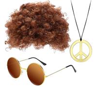 Juego de peluca hippie para hombre, accesorios de disfraz hippie para hombre, kit de disfraz retro de hip hop, gafas de sol de discoteca doradas, accesorios de disfraz de discoteca para hombre de los