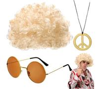 Juego de Pelucas Disco - Conjunto de Disfraz Hippie Funky Afro Peluca Gafas de Sol Collar - Kit de Disfraz de Hip Hop Retro de 3 Piezas, Gafas de Sol de Discoteca Doradas, Accesorios de de DIS