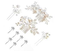 Juego de peluquería de novia blanca, 4 piezas con 6 horquillas blancas para el pelo, accesorios de boda, peines para el pelo de novia, horquillas florales para el pelo, joyería