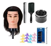 Juego de peluquería profesional: cabezal de entrenamiento Gabbiano con pelo natural, peine de carbono Toni & Guy, cepillo neumático, pinzas y gomas para el cabello
