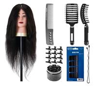 Juego de peluquería profesional: cabezal de entrenamiento Gabbiano de pelo natural, peine antiestático Toni&Guy, cepillo O-13 y gomas negras para el pelo