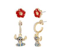 Juego de pendientes de aro Disney Lilo y Stitch - Pendientes colgantes de latón con flores de hibisco esmaltadas y costuras - Licencia Oficial