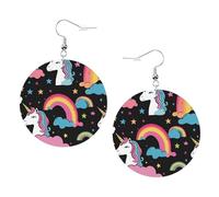 Juego de pendientes redondos estampados de unicornio para mujer, 1 par de aretes perforados de cuero ligero, joyería de moda para mujeres y niñas, One Size, Poliéster