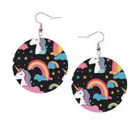 Juego de pendientes redondos estampados de unicornio para mujer, 1 par de aretes perforados de cuero ligero, joyería de moda para mujeres y niñas, One Size, Poliéster