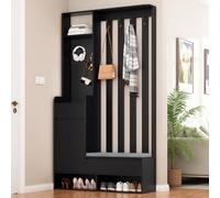 Juego de perchero con zapatero, perchero con cajones y puertas, perchero compacto con gancho para ropa, perchero con compartimento abierto, para pasillo, entrada, 100 x 35 x 180 cm, negro (negro)