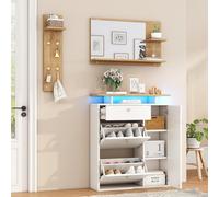 Juego de perchero de 3 piezas, perchero compacto compuesto por 1 zapatero con LED, 1 espejo de pared y 1 panel de pared, perchero de pared con estante, muebles de pasillo, juego de muebles de