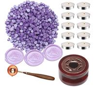 Juego de perlas de cera Atopbb con 300 cuentas de cera blanca perla, sello de cera caliente, cuchara de fusión, 10 unidades de velas, kit de sellos de cera para invitaciones de boda (morado)