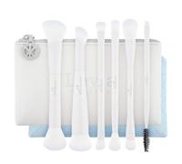 Juego de pinceles de maquillaje de viaje de 7 piezas con 6 pinceles duales y funda de piel vegana | Pinceles veganos para rostro y ojos | Duo Voyage - Blue Horizon | Blanco y Azul | Luvia
