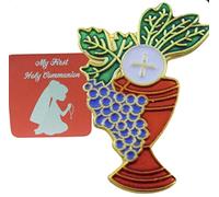 Juego de pines de cáliz de primera comunión para niñas con paquete de tarjetas de oración sagrada, One inch, Metal, Sin gemas.