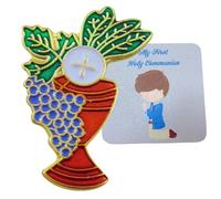 Juego de pines de cáliz de primera comunión para niños con paquete de tarjetas de oración sagrada, One inch, Metal, Sin gemas.