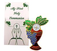Juego de pines de cáliz de primera comunión para niños o niñas con paquete de tarjetas de oración irlandesa, One inch, Metal, Sin gemas.