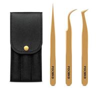 Juego de pinzas para extensiones de pestañas, pinzas de pestañas para extensiones de pestañas individuales clásicas y de volumen, completo con estuche de almacenamiento (dorado, juego de 3 piezas)