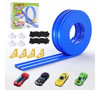 Juego de pista de carreras portátil de 5 m con 4 coches de juguete: rampa curva flexible con bucles de salto para modelos a escala 1/64, ruta de carreras de doble vía retráctil azul