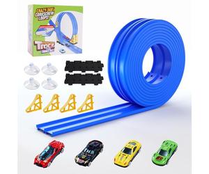 Juego de pista de carreras portátil de 5 m con 4 coches de juguete: rampa curva flexible con bucles de salto para modelos a escala 1/64, ruta de carreras de doble vía retráctil azul