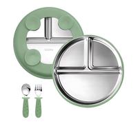 Juego de Platos con Ventosa para Bebé - 1 Platos, Cuchara y Tenedor Acero Inox 304 - Set BLW Antideslizante sin BPA, Aptos Lavavajillas - Alimentación Complementaria