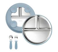 Juego de Platos con Ventosa para Bebé - 1 Platos, Cuchara y Tenedor Acero Inox 304 - Set BLW Antideslizante sin BPA, Aptos Lavavajillas - Alimentación Complementaria