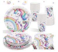 Juego de platos de fiesta de unicornio para 25 invitados - 100 piezas de decoración de fiesta de cumpleaños de unicornio, platos de papel, vasos y servilletas para niñas suministros de decoración de
