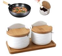 Juego de platos de sal de cerámica: frascos de almacenamiento de sal de 2 paquetes con tapa y cuchara de madera | Caja de condimento para mostrador de cocina, soporte de especias portátiles para cocci