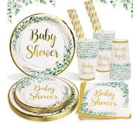 Juego de platos neutros para baby shower verde salvia para 25 invitados, 125 platos de papel, tazas, servilletas, pajitas, vajilla para baby shower, cumpleaños, despedida de soltera, despedida de