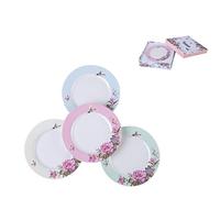 Juego de platos pequeños de postre de porcelana de 17,78 cm de ancho, con borde ancho, estilo vintage, con diseño de pájaros, mariposas y flores (4 unidades), en caja de regalo, porcelana, 1 set