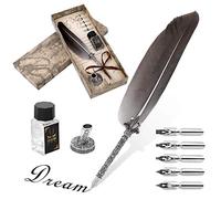 Juego de pluma y tinta hechas a mano con pluma de caligrafía antigua, para escribir en inglés, regalo de papelería ejecutiva vintage con bases de punta de botella (negro)