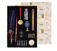 Juego de plumas de plumas vintage, pluma de pluma de caligrafía con 5 puntas de acero inoxidable, papel de letra de kit de sellado de cera, set de escritura para invitaciones de (Azul marino)