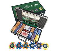 juego de póquer Richie Deluxe, estuche de póquer con 300 fichas de póquer de cerámica con valores impresos, instrucciones de póquer, botones del crupier y cartas de póquer de plástico Bullets