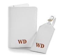 Juego de Porta Pasaporte y Etiqueta de Equipaje Personalizados con Iniciales, Etiquetas de Maleta de Cuero de PU con Nombre para Amantes, Etiquetas de Maleta Viaje de Novios, Luna de Miel(White)