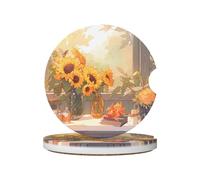 Juego de posavasos de cerámica con estampado de girasoles bajo el alféizar de la ventana, juego de 2 posavasos para coche, adecuado para portavasos