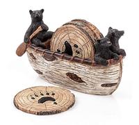 Juego de Posavasos de Oso - 3 adorables Figuras de Oso Negro Hechas a Mano remando en una Canoa con 6 Posavasos rústicos de tamaño Completo de 3.5 Pulgadas - Decoración de cabaña de Troncos,